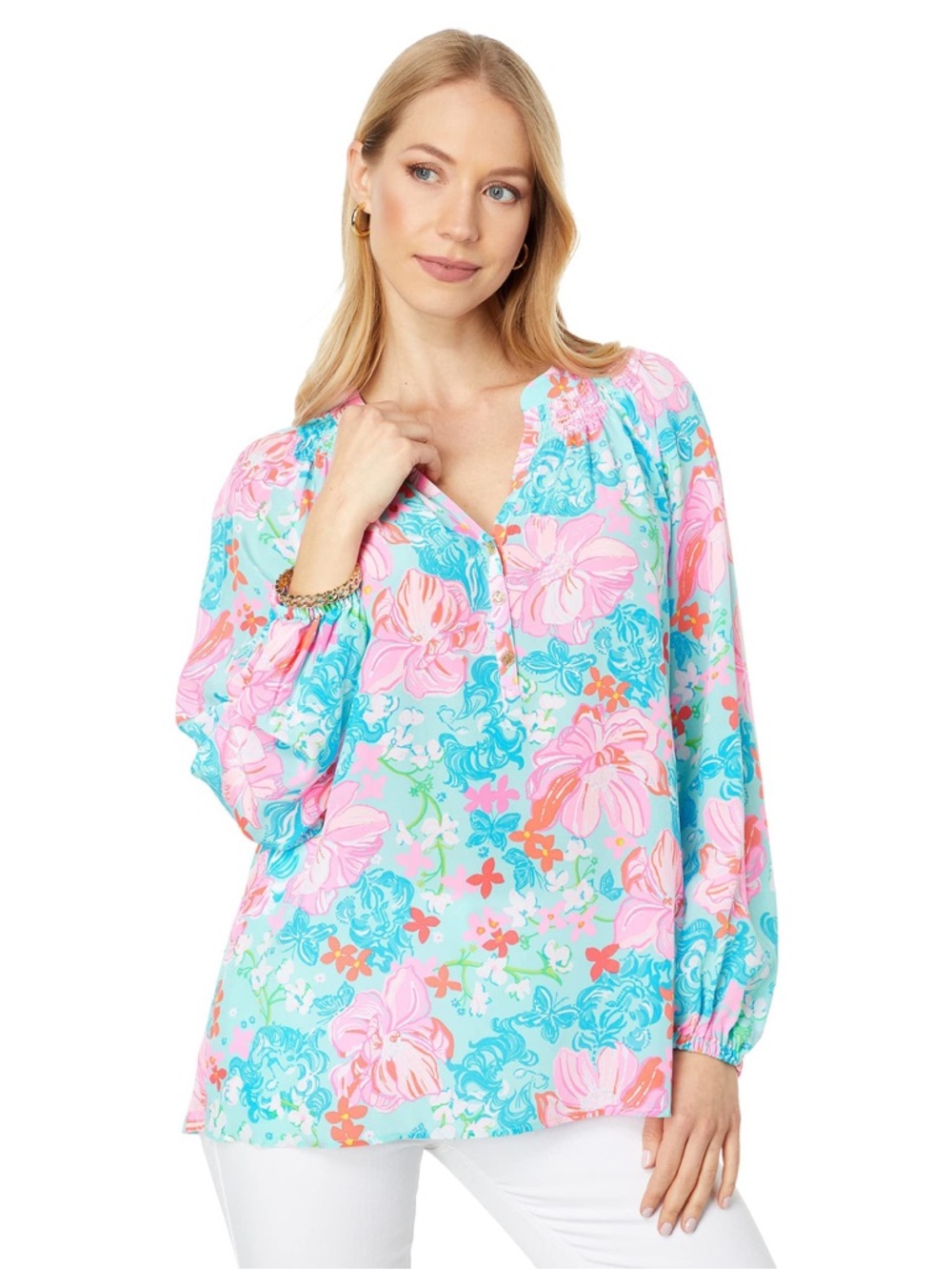 Lilly Pulitzer Elsa 100% Silk XXL Aqua Floral Smocked Yoke Top Resort Flowy